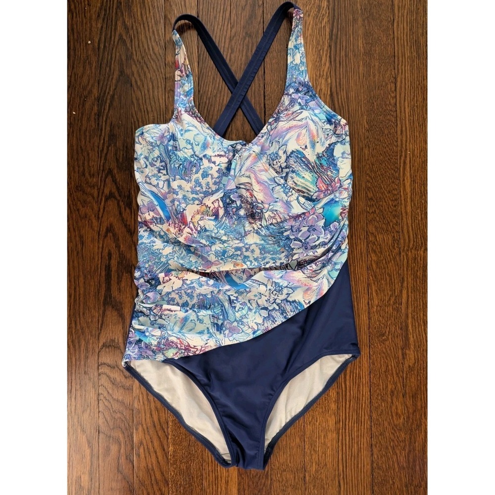 Seekers Contour Australia One Piece Swimsuit 16W C/D Underwire Bra‎ Blue White